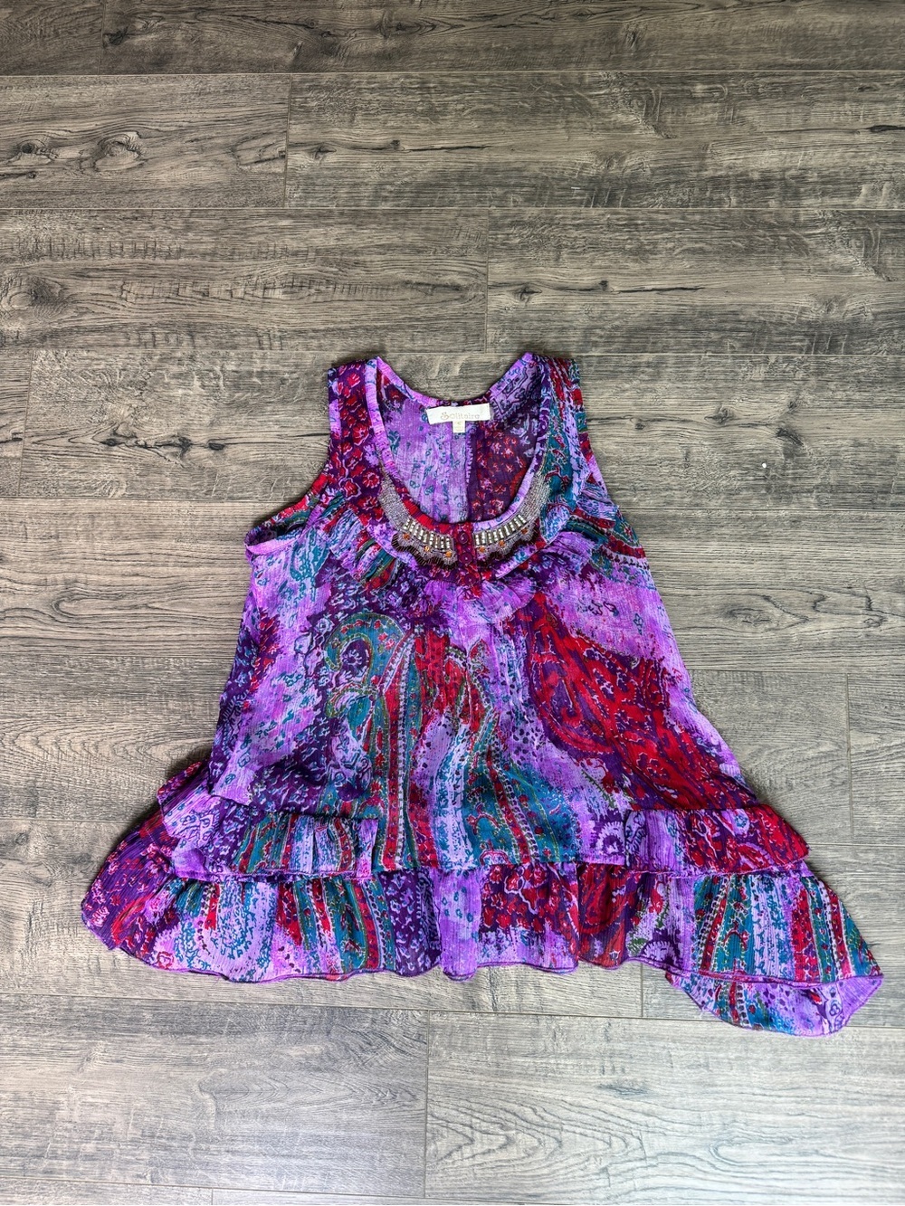 Solitaire Purple Multi-Color Beaded Scoop Neck Tank